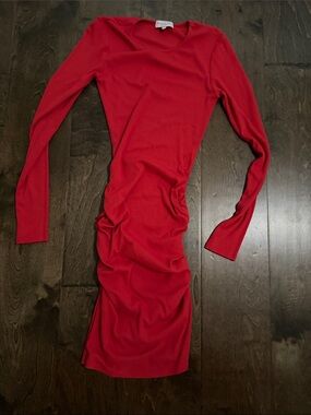 Ruched Long Sleeve Midi Dress in Red
